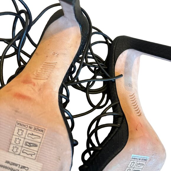 Paige Viola Black Snake Embossed Leather Heels Strappy Ankle Tie Size 7.5 Womens - Picture 12 of 12